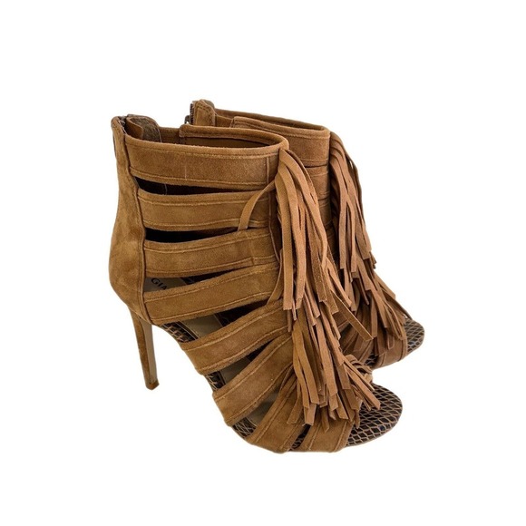 Gianni Bini Heels Boots Saleemah Womens size 7 Desert Brown Fringe open toe - Picture 1 of 9
